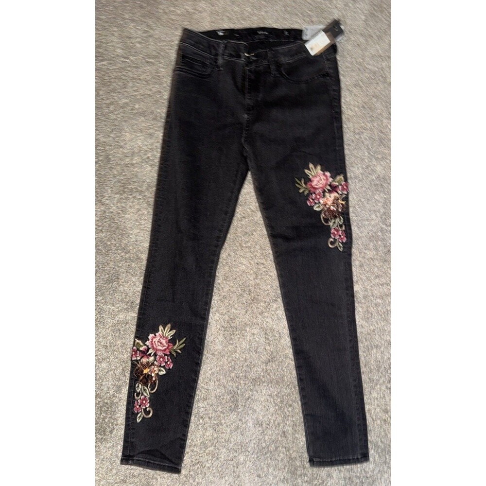 Floral Sequin Embroidered Miss Me Jeans Womens 28 Dark Gray Black Denim Mid Rise